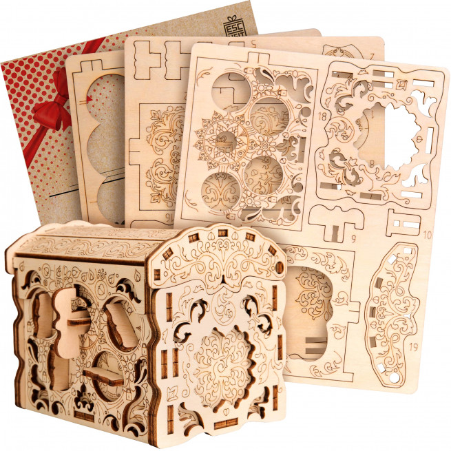 Fotos und Abbildungen von Wooden Secret TREASURE BOX, 3D PUZZLE BAUSATZ ZUM SELBERBAUEN. ESC WELT.